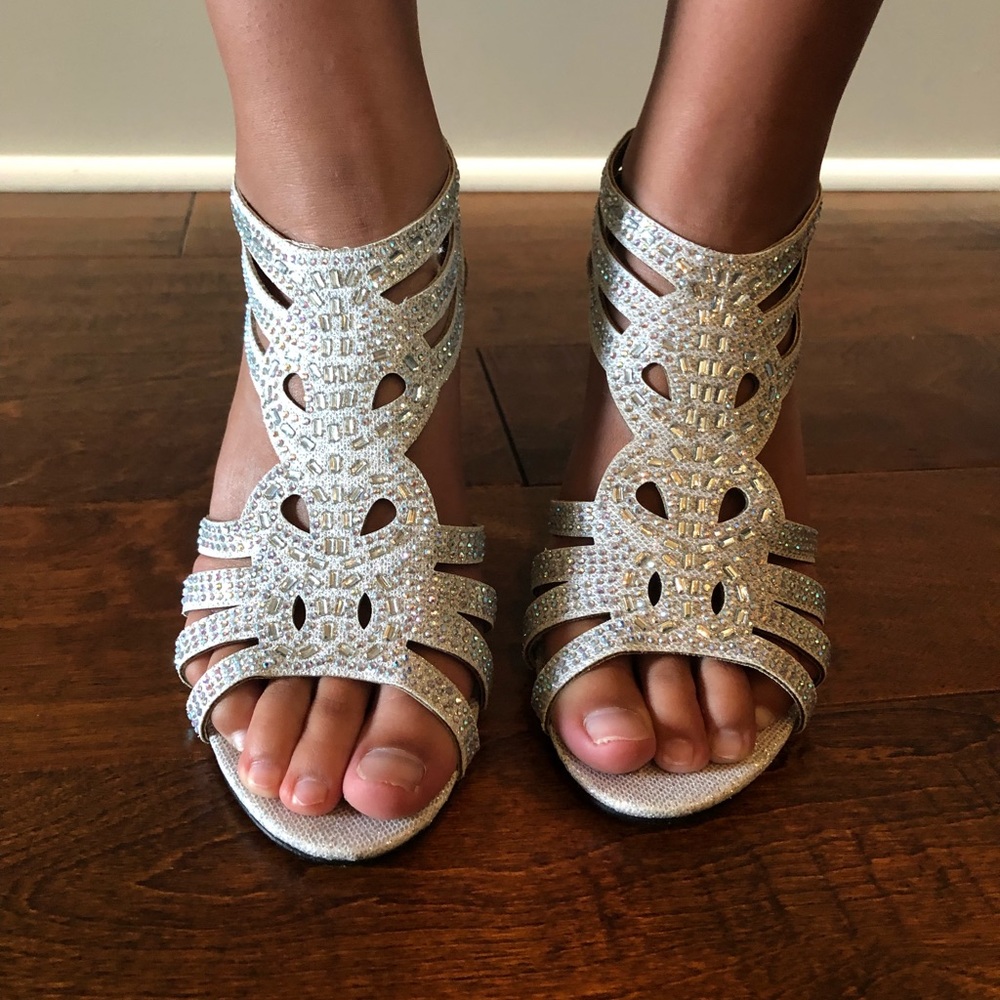 Dressy silver beaded heels